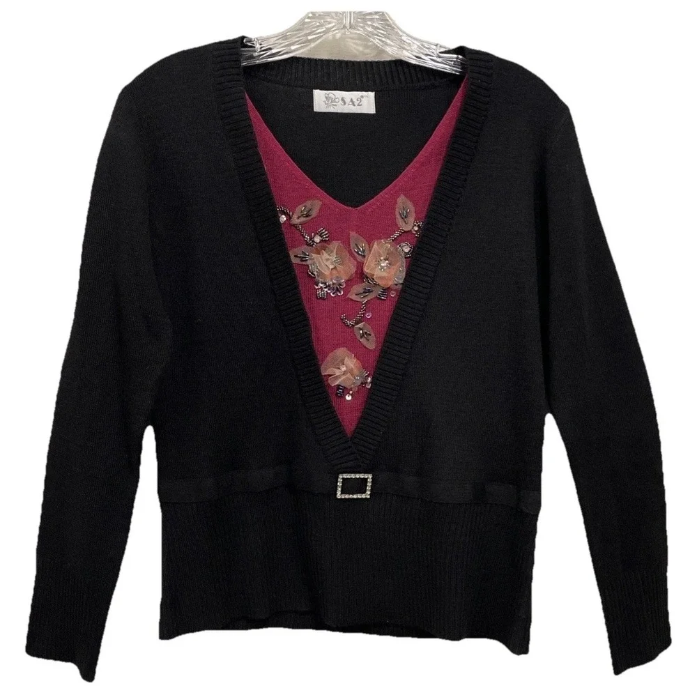 S A 2 Black Long Sleeve Beaded V Neck Pullover Sweater Women's‎ Size Small